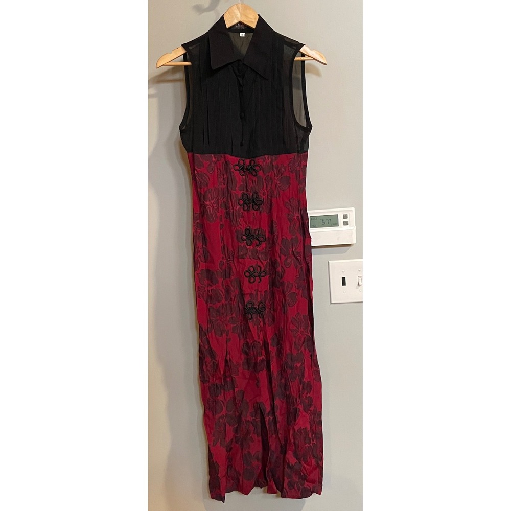 Guess Maxi Dress Women 5 Burgundy Black Floral Frog Closure Vintage 90s USA